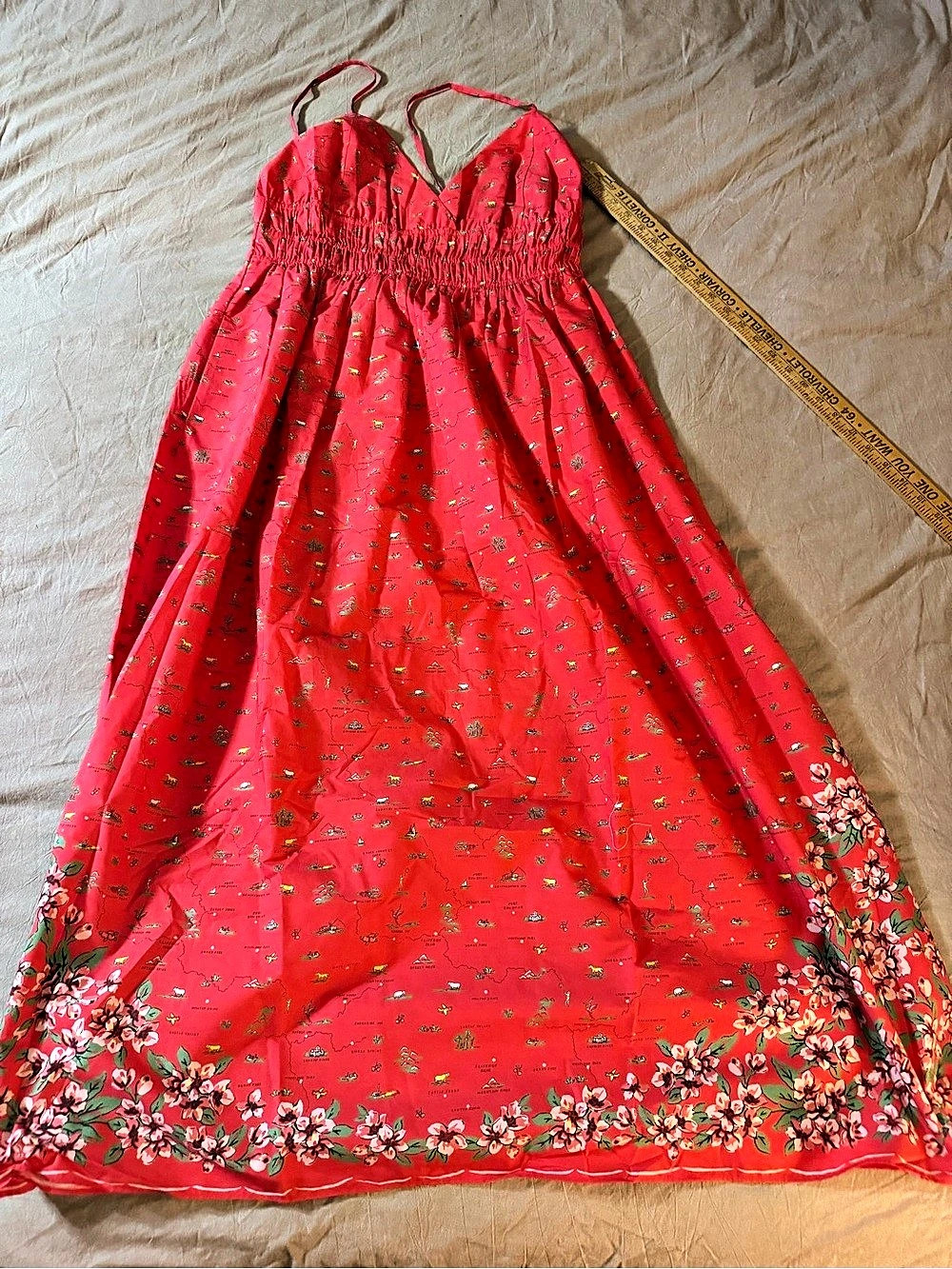 J.Crew Smocked-Waist V-Neck Dress in Map Print California Poppy SZ 14 NWOT